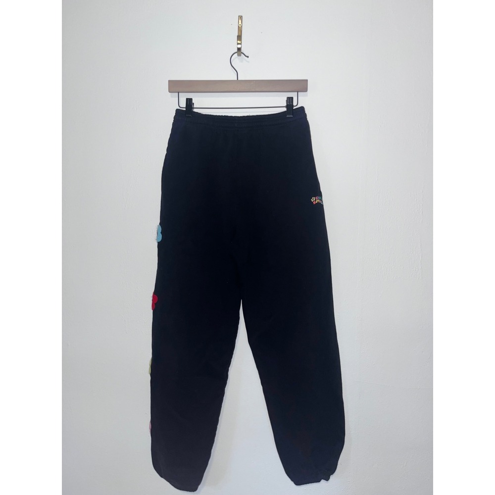BSR Smiley Black Graphic Sweatpants Multi-Color Flower Patches Medium Lounge